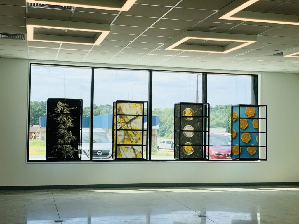 Display shelves with stained glass